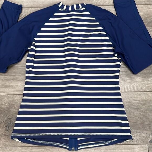 Helen Jon Rash Guard Full Zip Long‎ Sleeve Blue Stripe Swim Surf Top Size Large - Picture 4 of 8